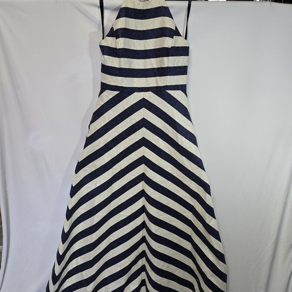 shashanna midnight Dresses & Skirts - Shoshanna Midnight Metallic Silver Blue Stripe Halter Evening Dress Prom Wedding